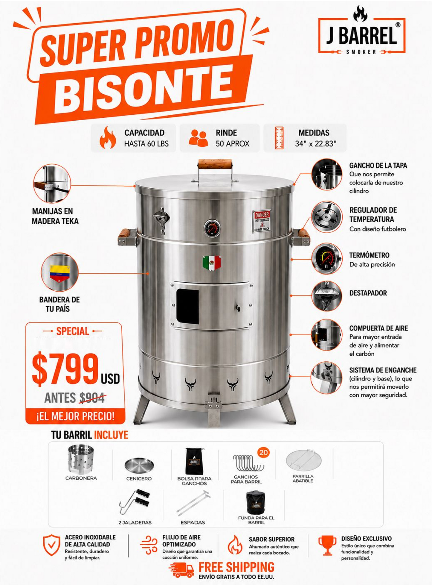 Jbarrel Bisonte Smoker  (LARGE: up to 60 lbs)
